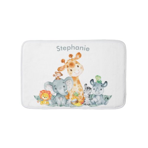 Gray Mint Watercolor Cute Safari Jungle Animals Bath Mat