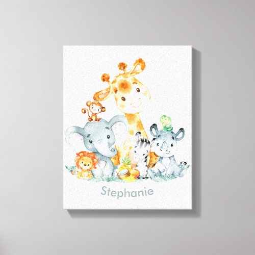 Gray Mint Watercolor Cute Safari Jungle Animals Canvas Print