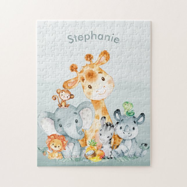 Gray Mint Watercolor Cute Safari Jungle Animals Jigsaw Puzzle (Vertical)