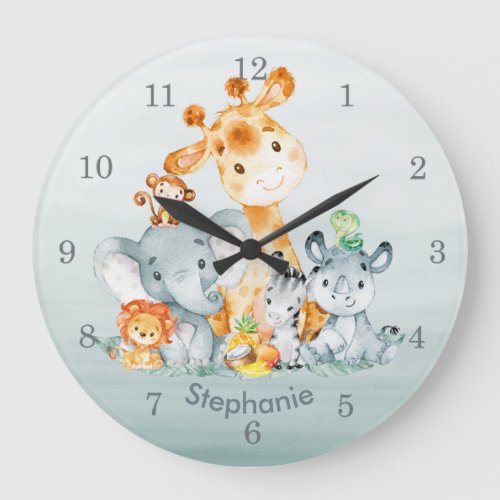 Gray Mint Watercolor Cute Safari Jungle Animals Large Clock