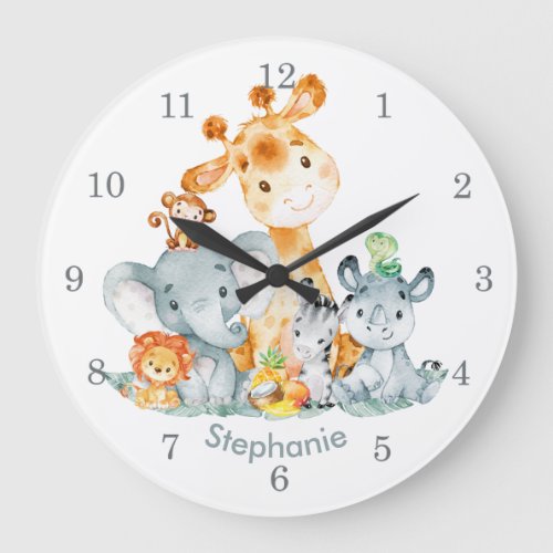 Gray Mint Watercolor Cute Safari Jungle Animals Large Clock