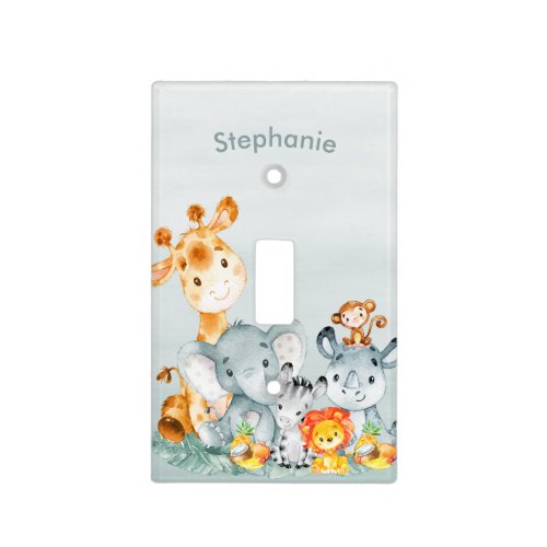 Gray Mint Watercolor Cute Safari Jungle Animals Light Switch Cover