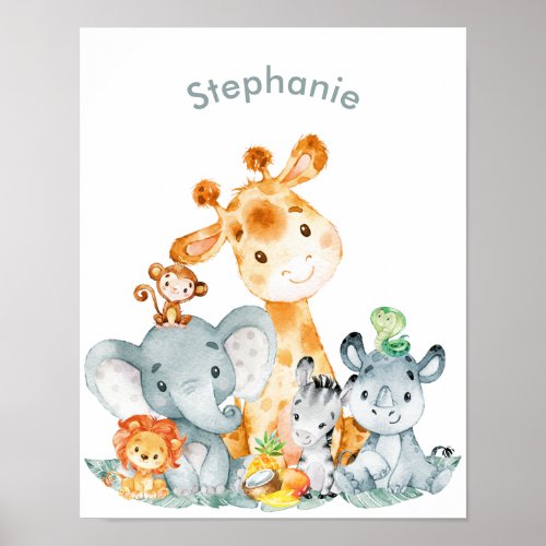 Gray Mint Watercolor Cute Safari Jungle Animals Poster