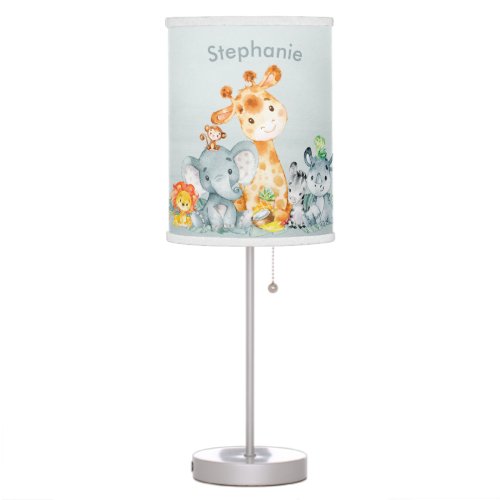 Gray Mint Watercolor Cute Safari Jungle Animals Table Lamp