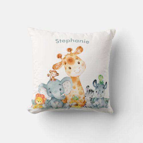 Gray Mint Watercolor Cute Safari Jungle Animals Throw Pillow