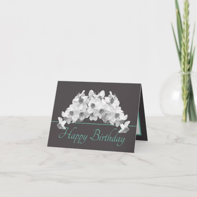 Gray Mint White Daffodils Bouquet Happy Birthday Card (Front)