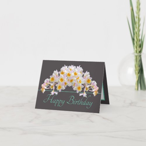 Gray Mint White Orchid Bouquet Happy Birthday Card