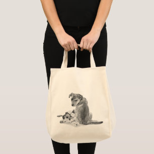 gray mixed breed with teddy cute puppy dog tote bag