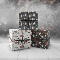 Gray Mixed Halloween Patterns Ghost Pumpkins Wrapping Paper Sheets