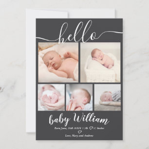 Gray modern 5 grid photo baby boy birth announcement