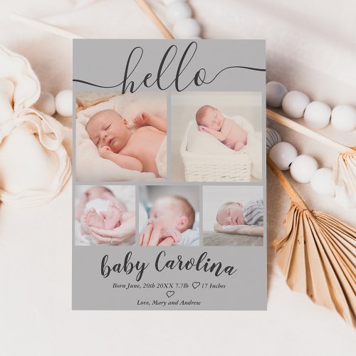 Gray modern 5 grid photo baby girl birth announcement