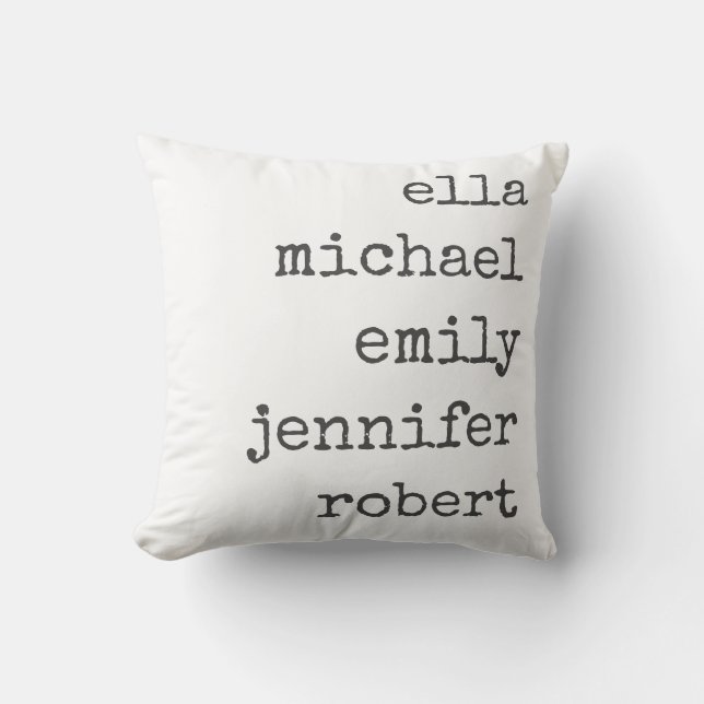 Gray Modern Farmhouse Personalized Family 5 Names Throw Pillow (Front)
