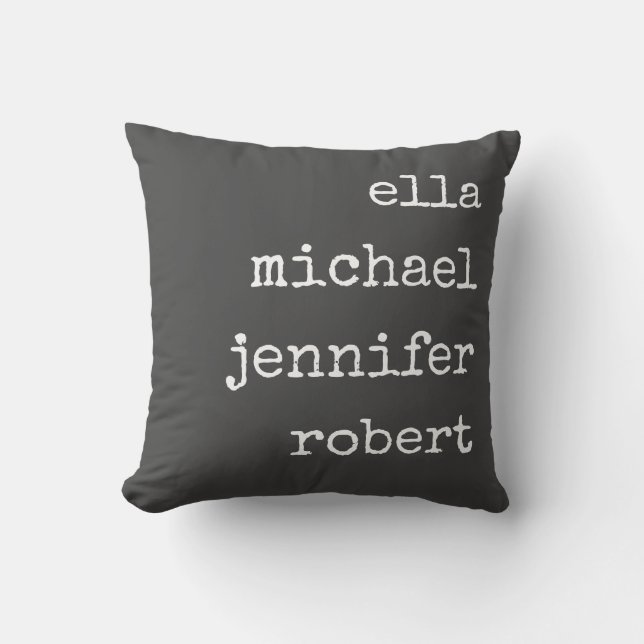 Gray Modern Farmhouse Personalized Family Names Throw Pillow (Front)