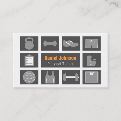 Gray Modern Fitness Icons Personal Trainer Business Card