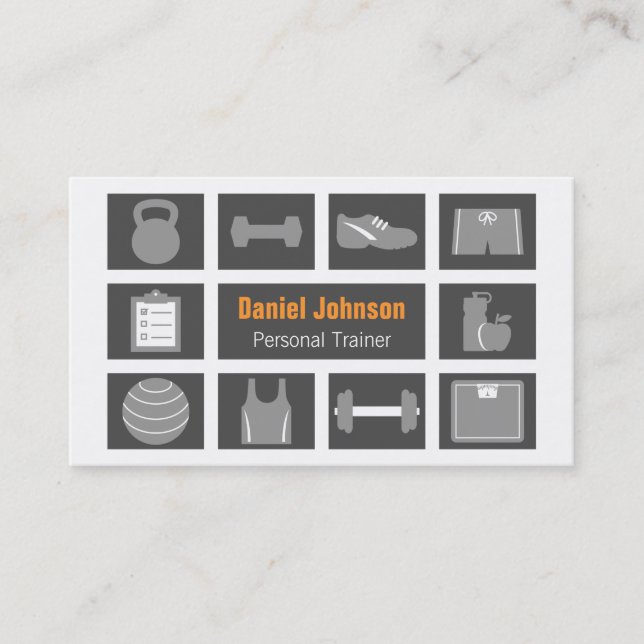 Gray Modern Fitness Icons Personal Trainer Business Card (Front)