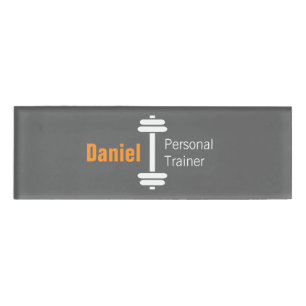 Gray Modern Fitness Personal Trainer Weights Name Tag
