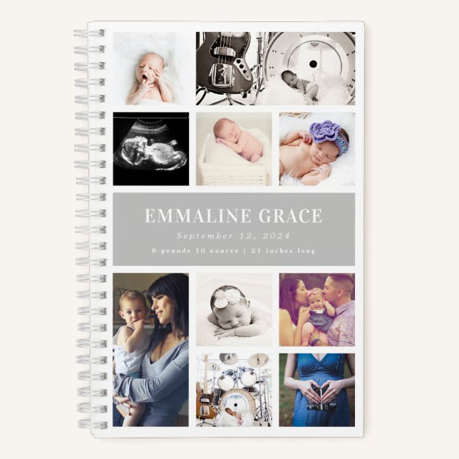 Gray Modern Gallery Ten Baby Photo Collage Notebook (Front)