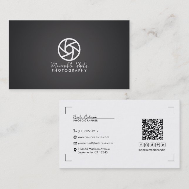Gray Modern Minimal Logo Photographer  Business Card (Front/Back)