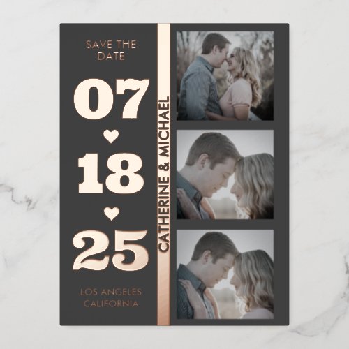  Gray Modern Minimalist Bold Date Three Photo  Foil Holiday Postcard