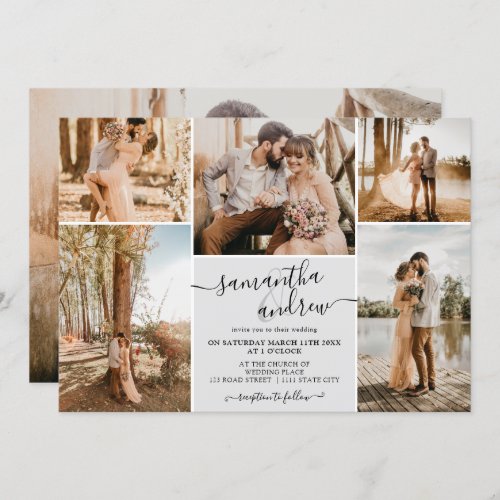 Gray modern minimalist script 6 photos wedding invitation