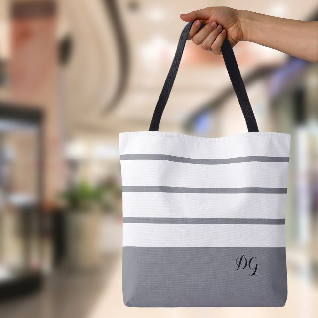 Gray Modern Minimalist Striped Monogram Tote Bag (Elegant Modern Bold Stripes  Monogrammed Gray Black & White Canvas Shopping Shoulder Tote Bag
)