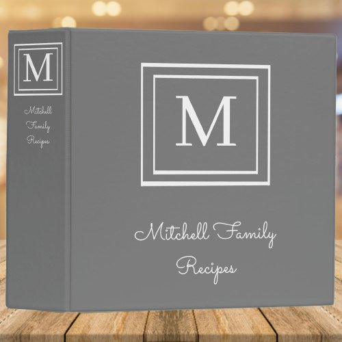 Gray Modern Monogram Recipe Binder