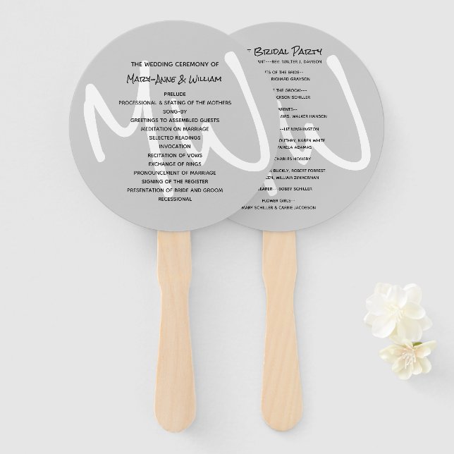 Gray Modern Monogram Wedding Program Fan (Front and Back)