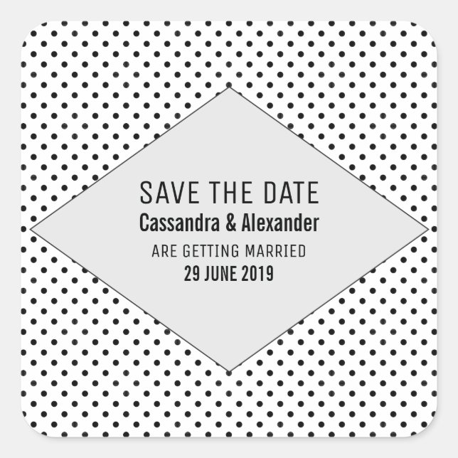 Gray Modern Polka Dots Save the Date Square Sticker (Front)