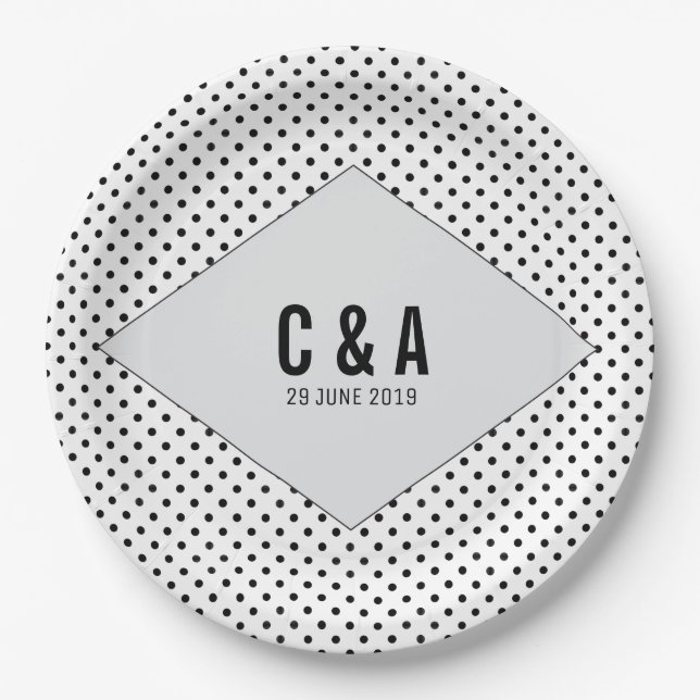 Gray Modern Polka Dots Wedding Paper Plates (Front)