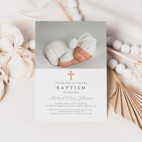 Gray Modern Religious Cross Photo Baptism Invitation