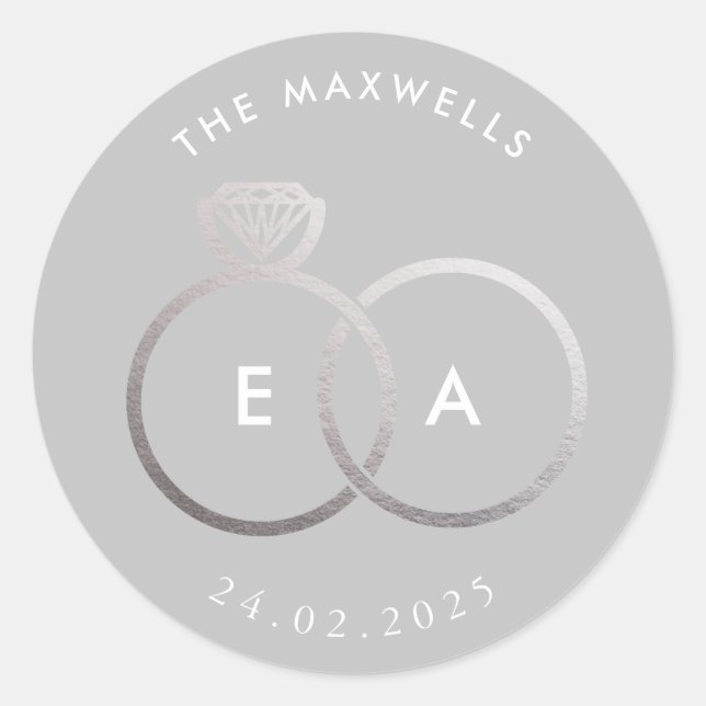Gray Modern Silver Rings Custom Wedding Sticker (Front)