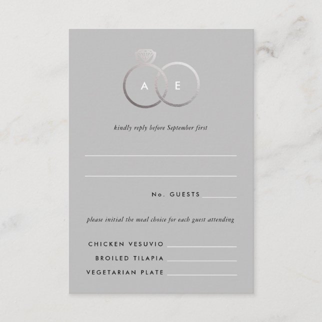 Gray Modern Silver Rings Wedding RSVP Reply Card (Front)
