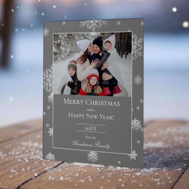 Gray Modern Snowflakes Flat Holiday Photo Card (Gray Modern Snowflakes Holiday Photo Card)