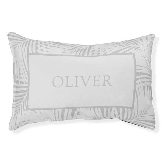 Gray Modern Tropical Palm Leaf Custom Name Pet Bed (Front)