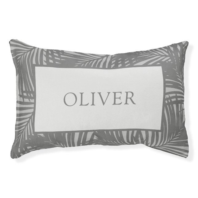 Gray Modern Tropical Palm Leaf Custom Name Pet Bed (Front)