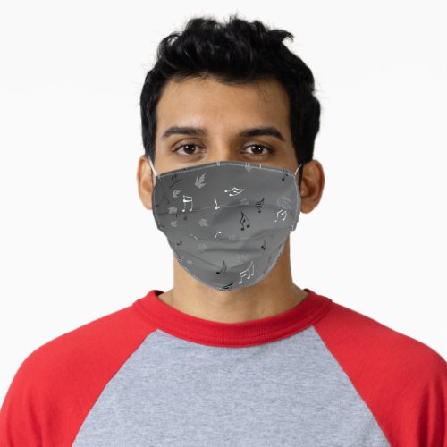 Gray Monochrome Autumn Leaves  Musical Notes  Adult Cloth Face Mask