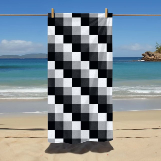 Gray Monochrome Checked Pixel Mosaic Pattern Beach Towel (Gray Monochrome Checked Pixel Mosaic Pattern Beach Towel)