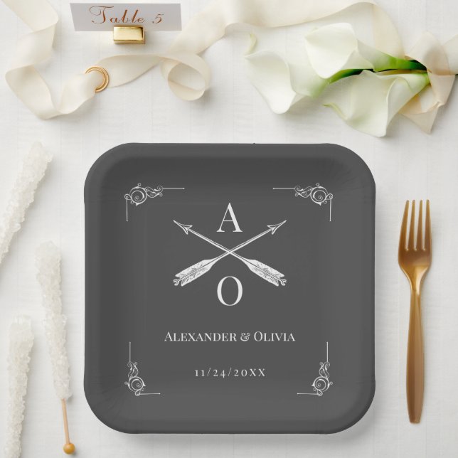 Gray Monogram and Arrows Wedding Paper Plates (Wedding)
