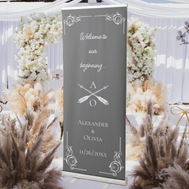 Gray Monogram and Arrows Wedding Retractable Banner (Gray Monogram and Arrows Wedding Welcome Banner)