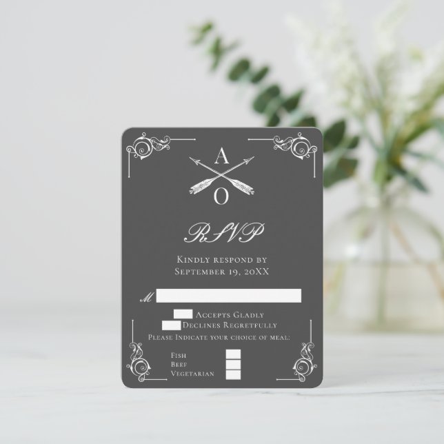 Gray Monogram and Arrows Wedding RSVP Card (Standing Front)