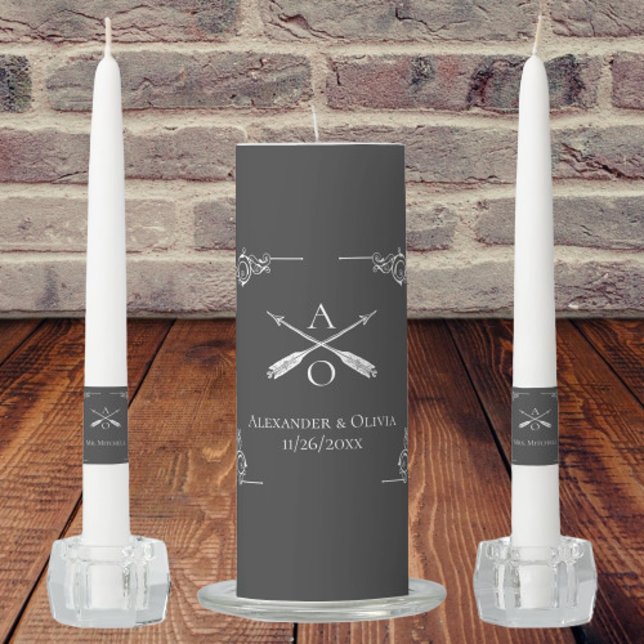 Gray Monogram and Arrows Wedding Unity Candle Set (Gray Monogram and Arrows Wedding Unity Candle Set)