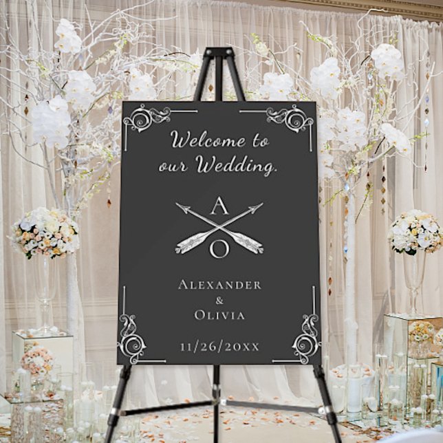Gray Monogram and Arrows Wedding Welcome Sign (Gray Monogram and Arrows Wedding Welcome Foam Board)