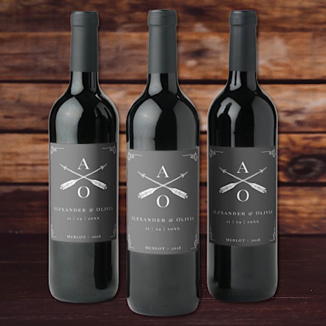 Gray Monogram and Arrows Wedding Wine Label (Gray Monogram and Arrows Wedding Wine Label)