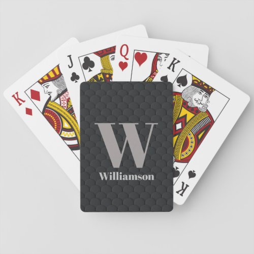 Gray Monogram and Name on Black Geometric Pattern Poker Cards