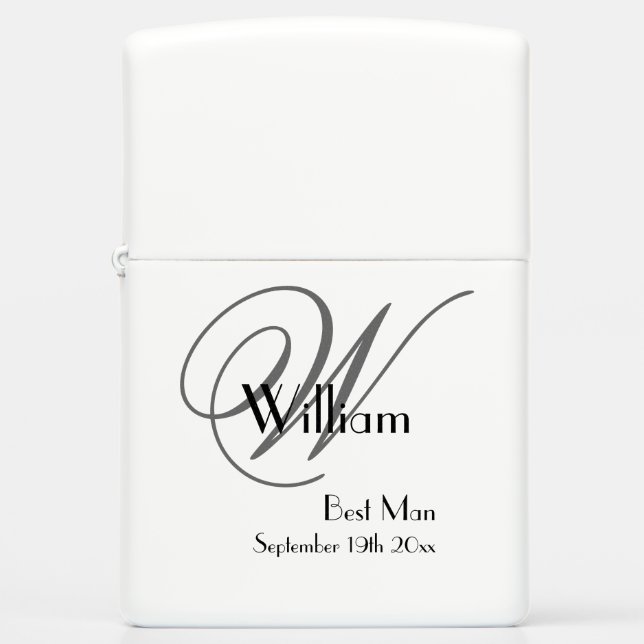 Gray Monogram Best Man Name Wedding Date White Zippo Lighter (Front)
