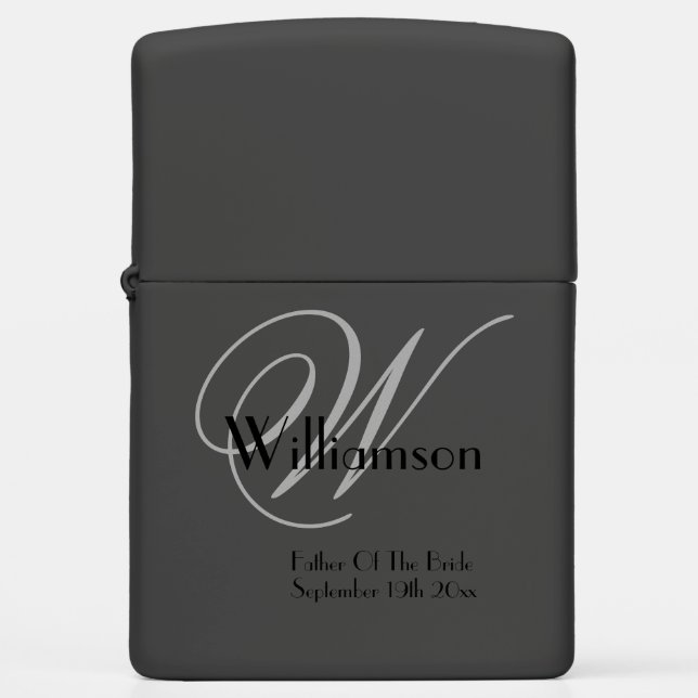 Gray Monogram Black Name & Details on Dark Gray Zippo Lighter (Front)