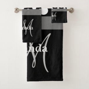 Gray Monogram Black White Polka Dot Bath Towel Set
