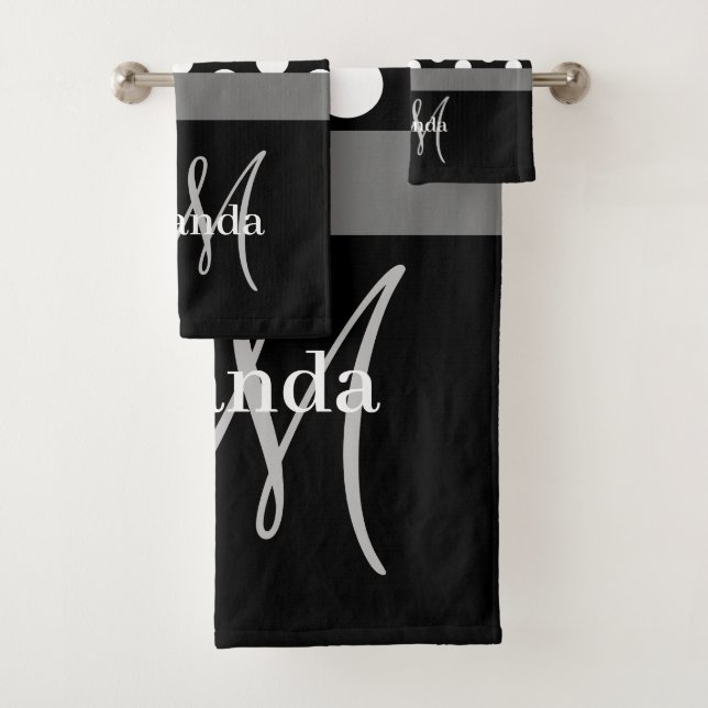Gray Monogram Black White Polka Dot Bath Towel Set (Insitu)