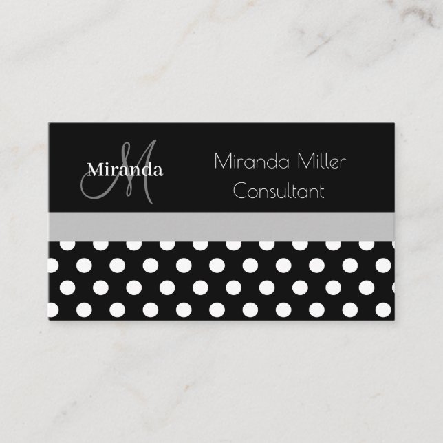 Gray Monogram Black White Polka Dot Business Card (Front)