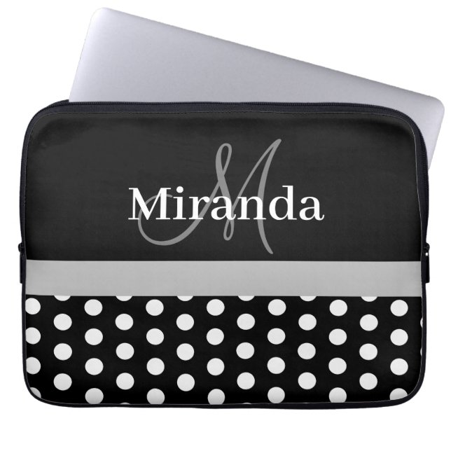 Gray Monogram Black White Polka Dot Laptop Sleeve (Front)